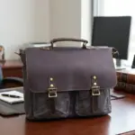 Canvas laptop bag on a desk in an office