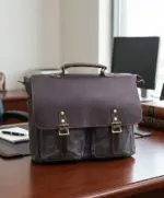 Canvas laptop bag on a desk in an office