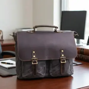 Canvas laptop bag on a desk in an office