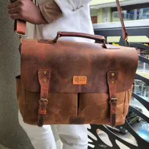 Simba Laptop Bag in brown waxed canvas and leather by Qali Bags Kenya