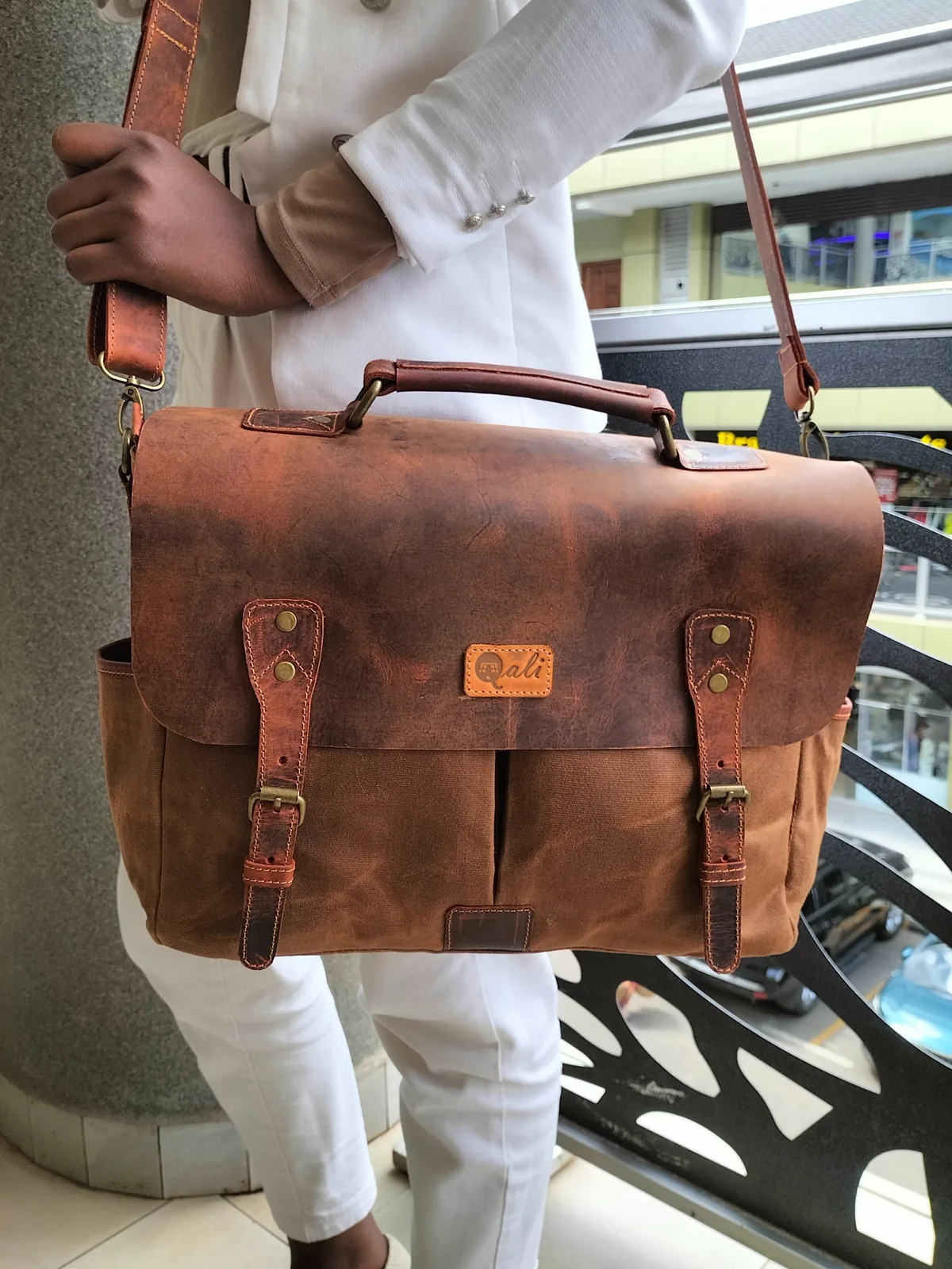 Simba Laptop Bag – Waxed Canvas & Leather Simba Laptop Bag in brown waxed canvas and leather by Qali Bags Kenya