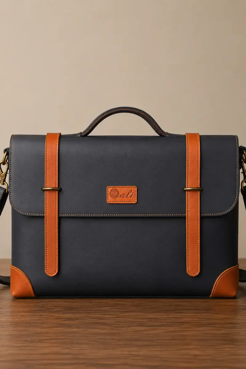 Leather laptop bag on a table