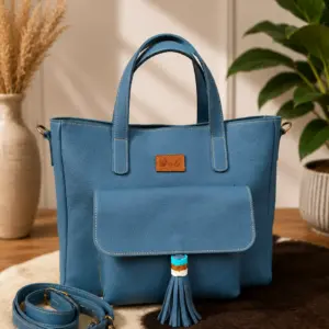 Blue leather tote bag
