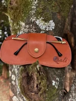 Tan brown leather sunglasses bag with a Tap in closure