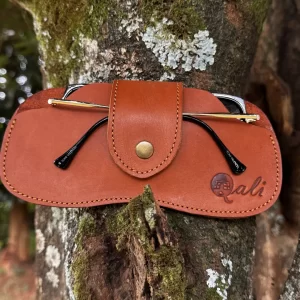 Tan brown leather sunglasses bag with a Tap in closure