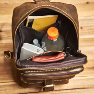 Inside dark brown safari leather crossbody bag