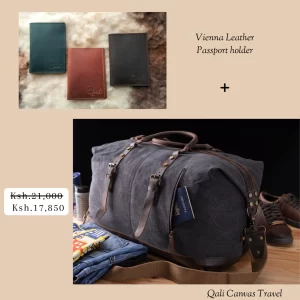 Leather passport holder, canvas travel bag
