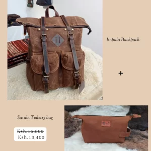 Canvas backpack and leather toiletry bag