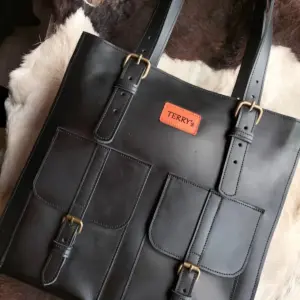 Black leather tote bag