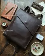 Leather backpack laid on a table with call out features