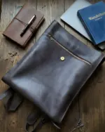 Leather backpack laid on a table