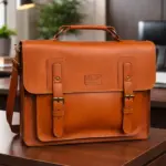 Tan leather briefcase on a desk