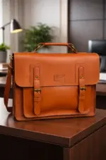 Tan leather briefcase on a desk