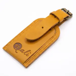 Mustard leather luggage tag by Qali Bags Kenya